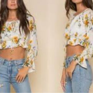 Raga Buttercup Fields Crop Top long sleeve boho gauzy on, off shoulder. XS